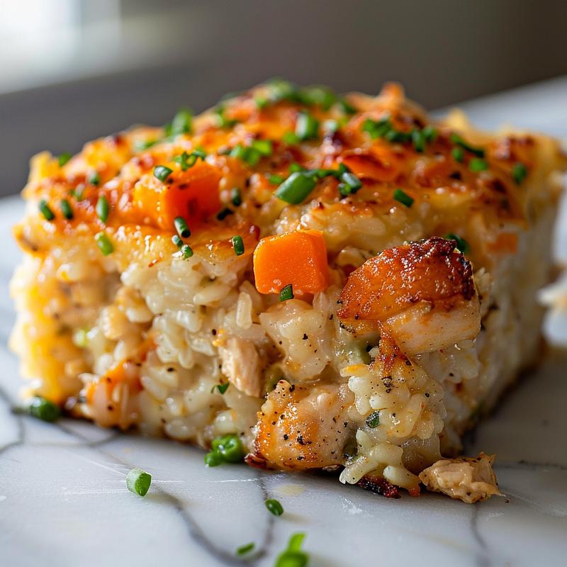 Close-up of a creamy chicken and rice casserole on a marble surface.