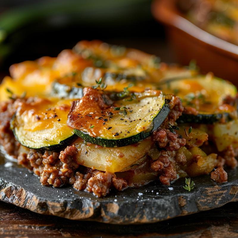 Close-up of ground beef zucchini casserole on a rustic chipped slate plate.