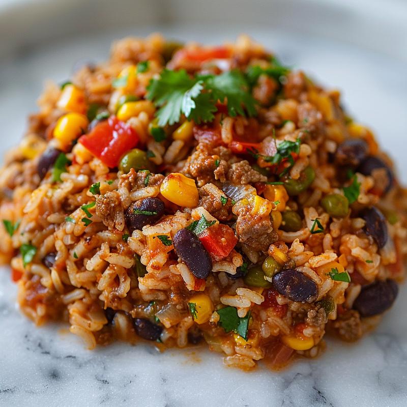 Close-up of a vibrant portion of Mexican rice casserole on a marble surface.
