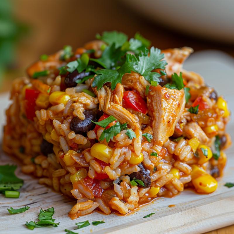 A close-up view of a portion of Mexican chicken and rice casserole on a wooden board, showcasing vibrant colors and textures.