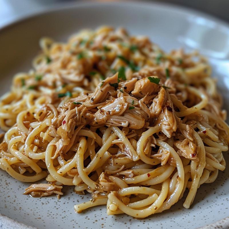Extreme close-up of a portion of one pot shredded chicken pasta on a light grey plate.