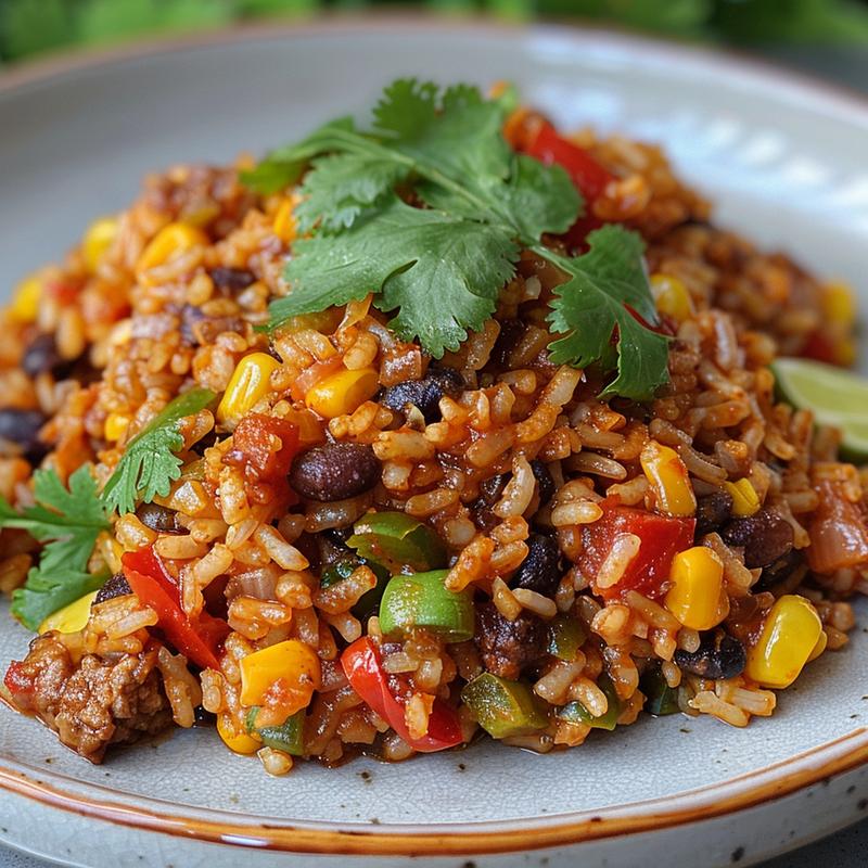 Close-up of a vibrant one pot Mexican rice casserole on a light grey plate.