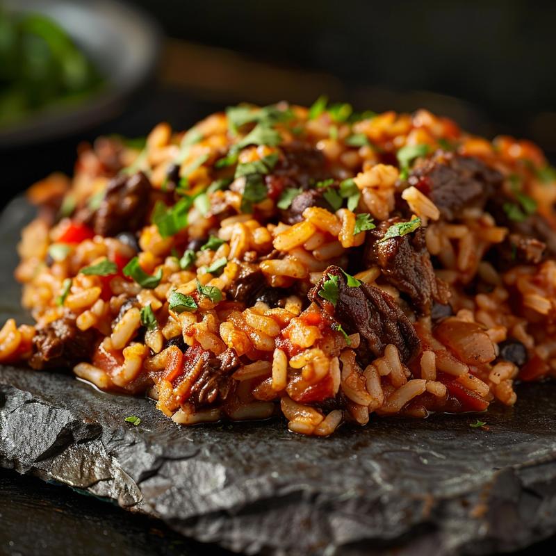 Close-up of a delicious Mexican beef and rice casserole served on a rustic slate plate.