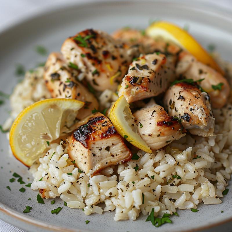 Close-up of a portion of lemon herb chicken and rice bake on a light grey plate.