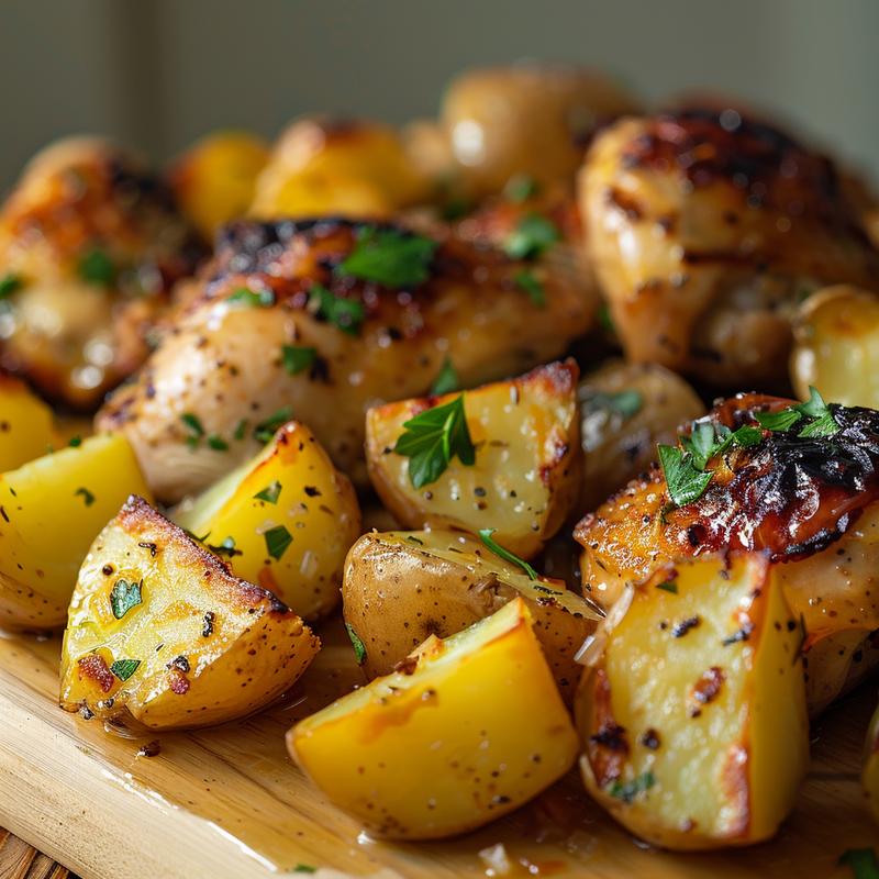 Close-up of a succulent baked chicken breast with crispy skin paired with golden roasted potatoes on a light wooden board.