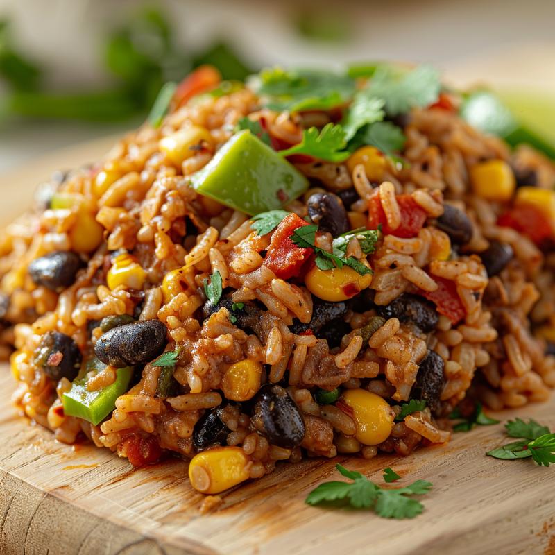 Close-up of a vibrant Mexican rice casserole on a natural wood board.