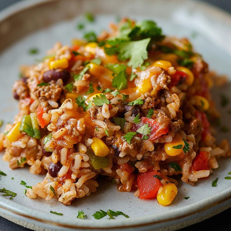 Close-up of a portion of Tex Mex rice casserole on a grey plate, showcasing its colorful ingredients.