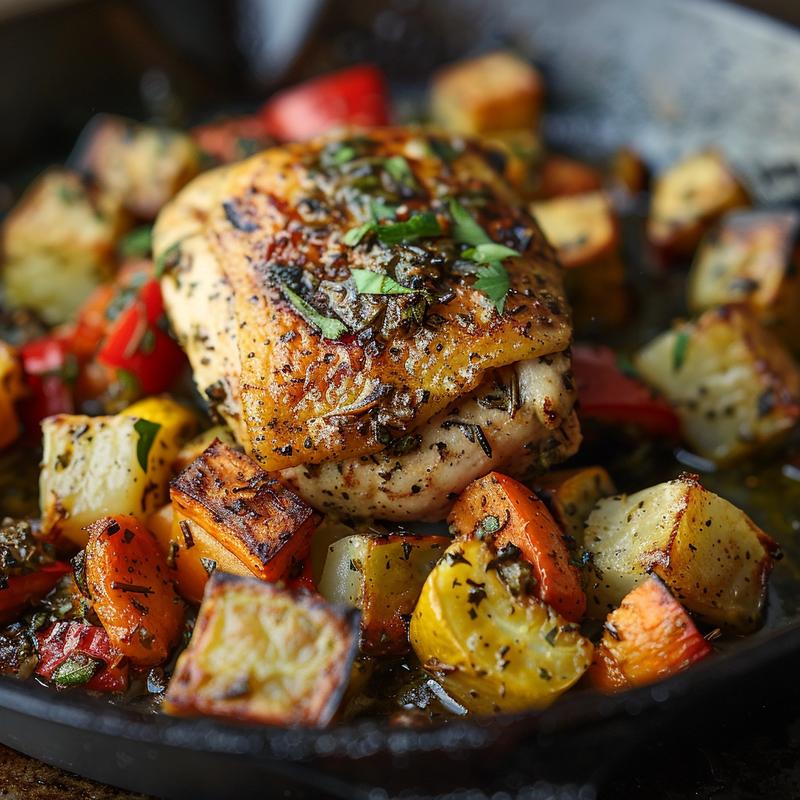 Close-up of a rustic one-pan herb chicken and roasted vegetables on a cast iron surface.