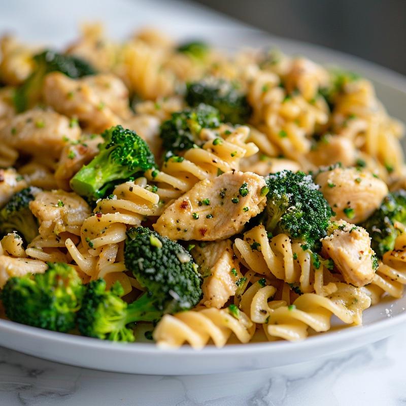 Close-up of a creamy chicken and broccoli pasta bake on a white marble surface.