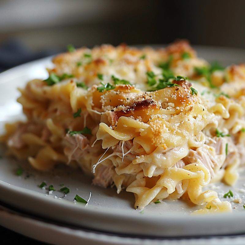 Close-up of a delicious portion of tuna noodle casserole on a light grey plate.