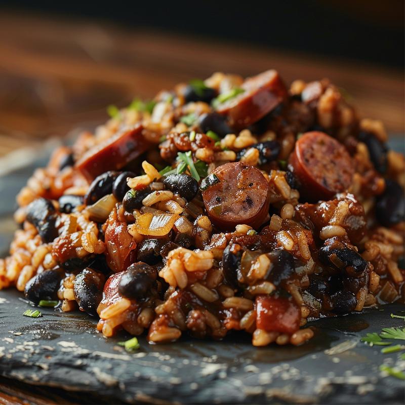 Close-up of black beans and rice with sausage on a rustic chipped slate plate, showcasing rich textures and shadows.