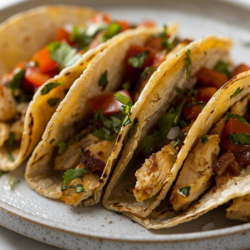 Close-up of a healthy oven baked chicken taco on a light grey plate.