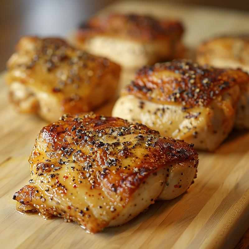 Close-up of a golden-brown chicken bake on a wooden board, showcasing flaky pastry and filling.
