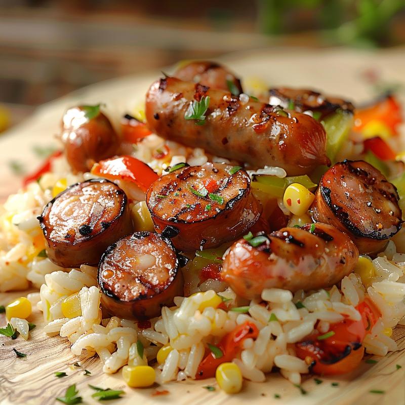 Close-up of baked sausages, rice, and colorful vegetables on a wooden board.