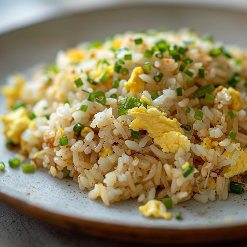 Close-up of a creamy portion of egg fried rice on a light grey plate.