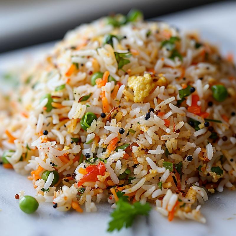 A close-up view of a vibrant portion of Indian fried rice on a marble surface, showcasing its rich textures.