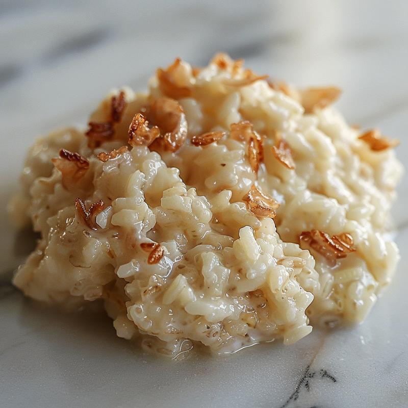Close-up of creamy rice pudding with a smooth texture, served on a white marble surface.