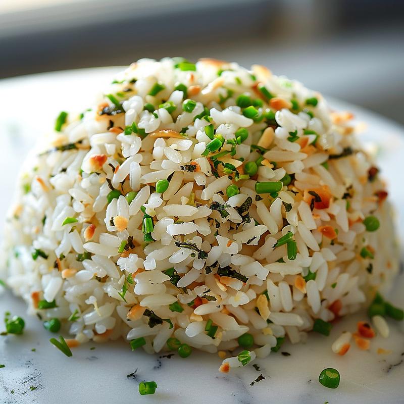 Close-up of a beautifully presented portion of leftover rice with vibrant garnishes on a white marble surface.