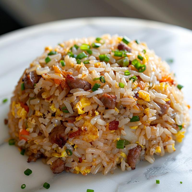 Close-up of a colorful portion of fried rice on a white marble surface.