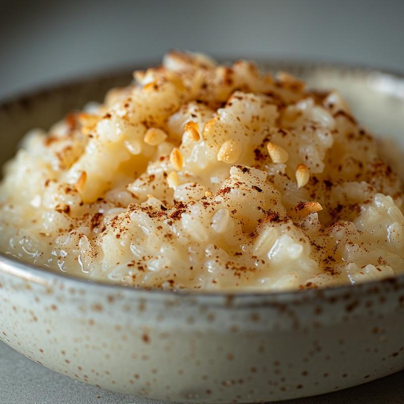 Close-up of a creamy rice pudding topped with a sprinkle of cinnamon on a light grey plate.
