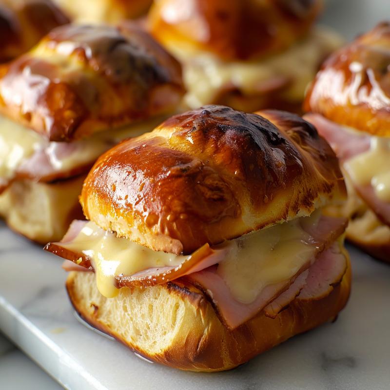 Close-up of baked ham and cheese sliders on Hawaiian rolls, showcasing melted cheese and golden-brown tops.
