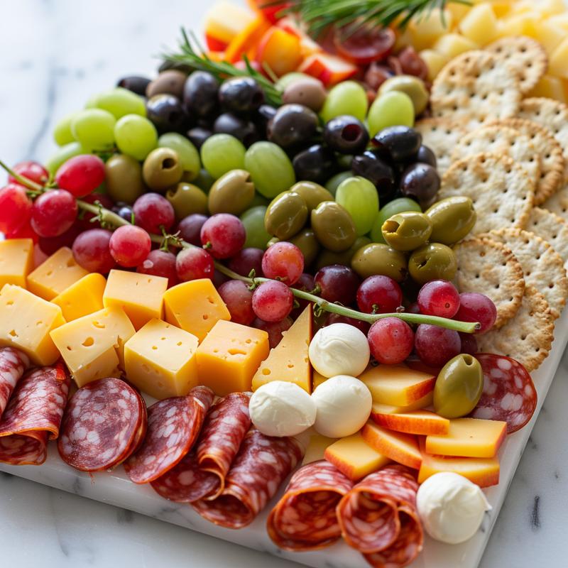 Close-up of a Christmas tree-shaped charcuterie board.