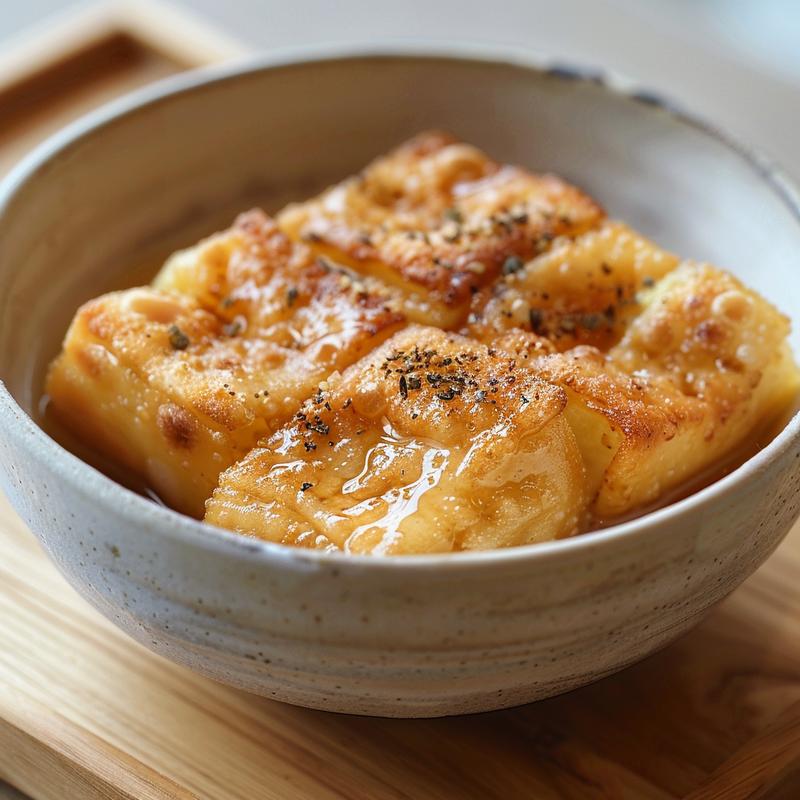 A close-up view of a colorful egg roll in a bowl dish on a light wood surface.