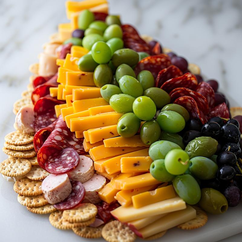 Close-up of a Christmas tree charcuterie board with cheeses, meats, crackers, fruits, and olives.