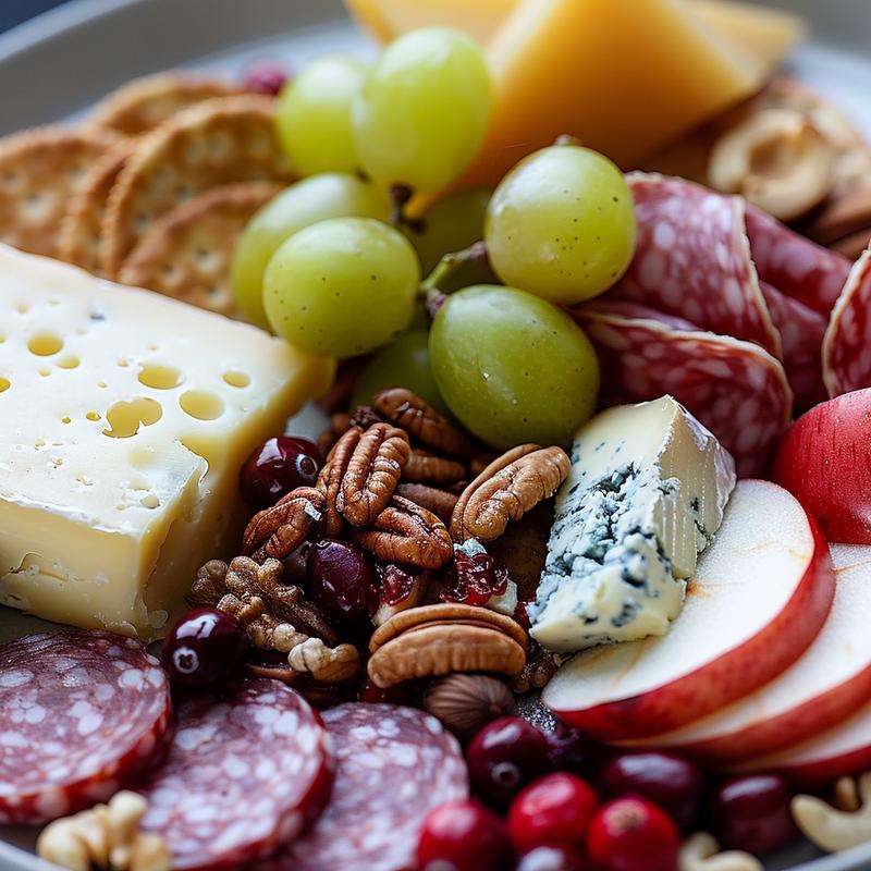 Close-up of a Thanksgiving cheese board featuring cheeses, meats, crackers, fruits, and nuts.