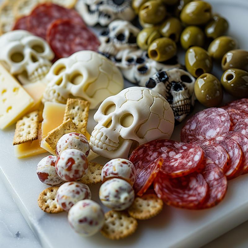 Skull-shaped cheese and various antipasto items on white marble.
