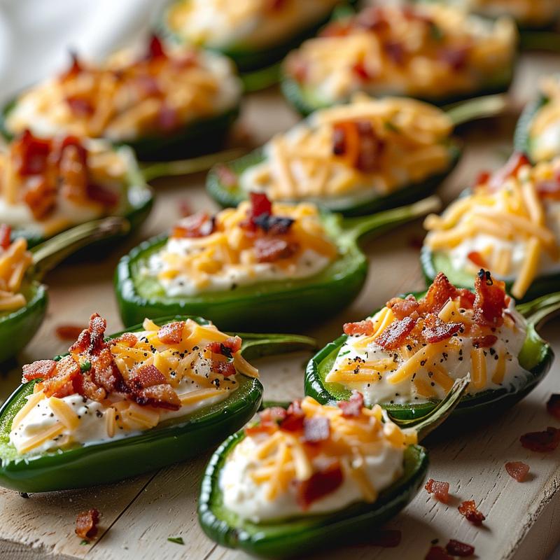 Close-up of jalapeño popper bites showing jalapeños, cheese, and bacon on a wood board.