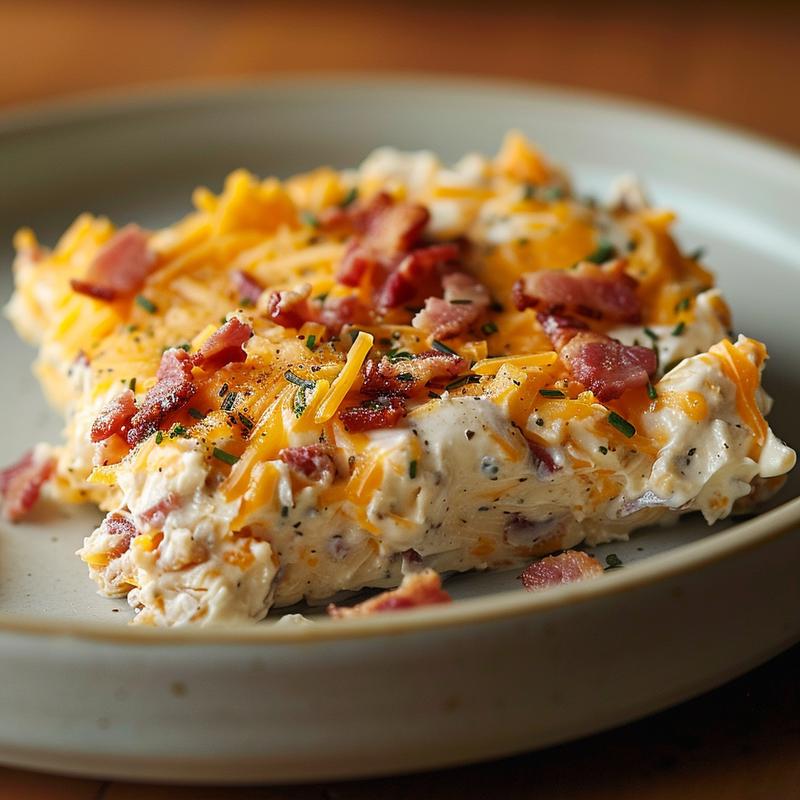 Creamy dip with visible cheese, bacon, and seasoning on a light grey plate.