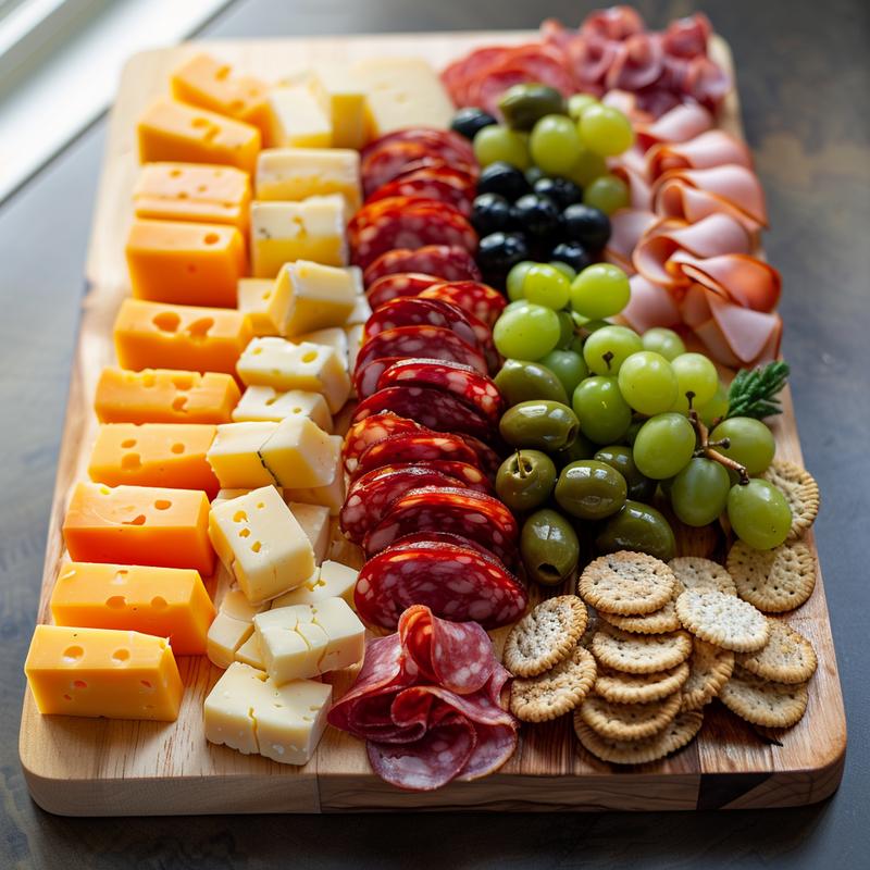 Close-up of a Christmas tree-shaped charcuterie board with cheese, meats, crackers, olives, and fruit.