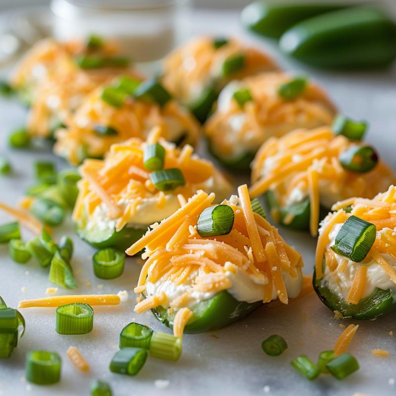 Close-up of cheesy jalapeno poppers on marble.