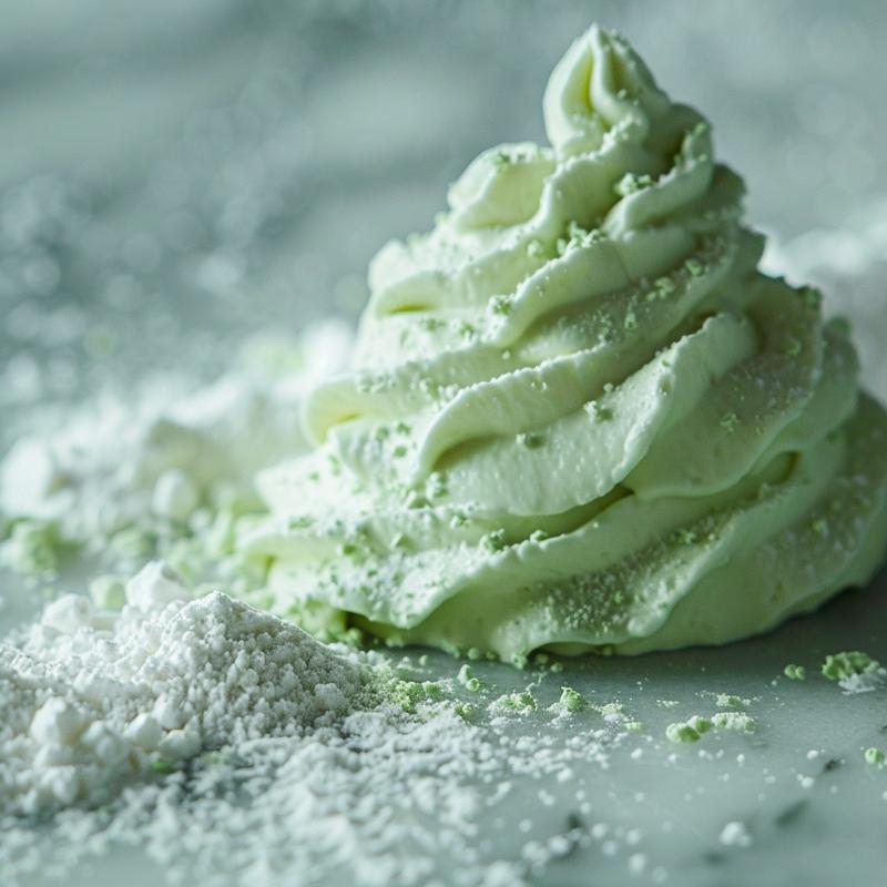 Close-up of bright green dip on white marble.