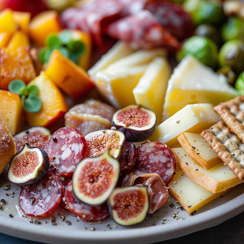 Close-up of a fall charcuterie board featuring cheese, meats, fruits, and vegetables.