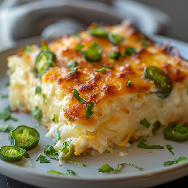 Close-up of a creamy jalapeno popper casserole with melted cheese.