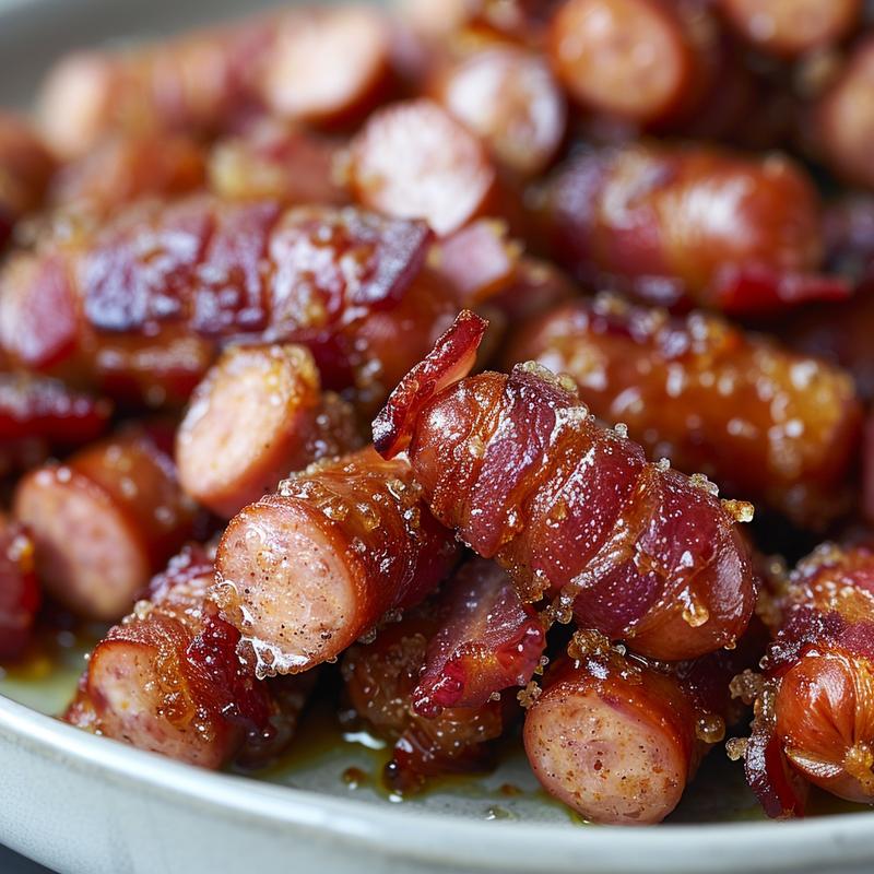 Close-up of glazed brown sugar bacon-wrapped smokies on a grey plate.