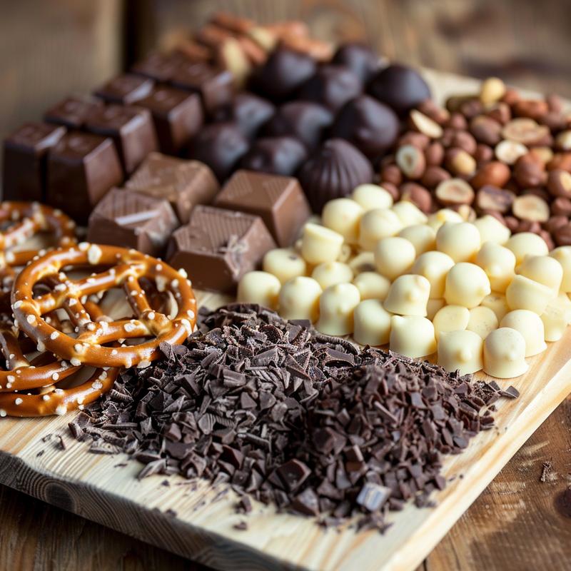 Close-up of a chocolate charcuterie board with various chocolates, pretzels, nuts, truffles, and wafers on light wood.