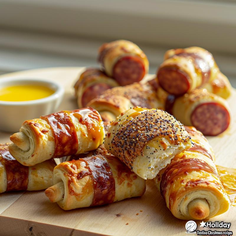Close-up of holiday pigs in a blanket on a wood board.