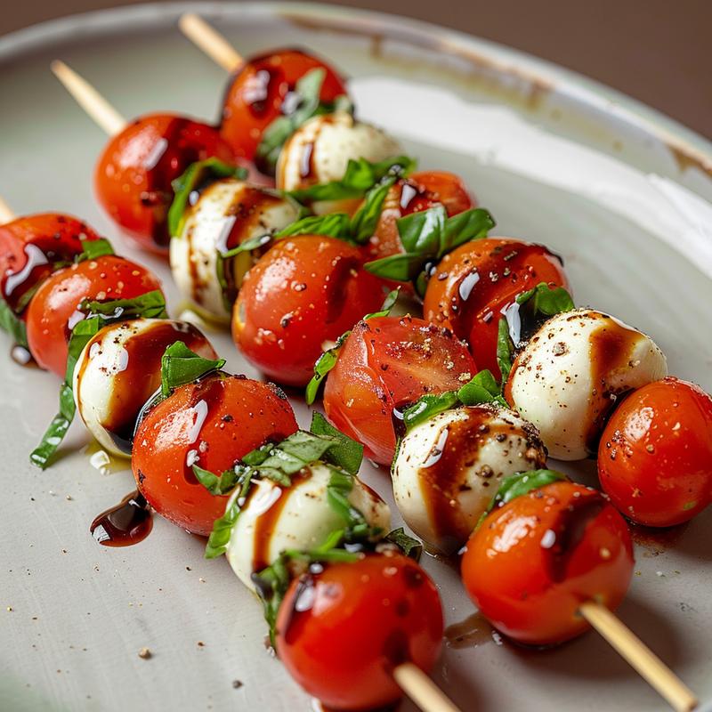 Close-up of caprese skewers with mozzarella, tomatoes, basil, and balsamic glaze on a grey plate.