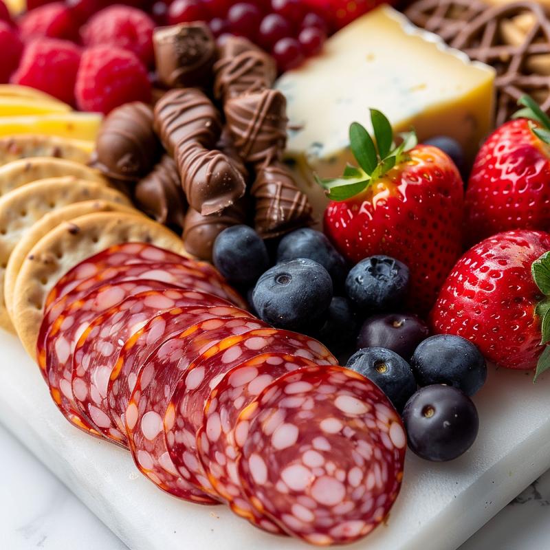 Close-up of Valentine's Day charcuterie board with cheeses, meats, and berries.