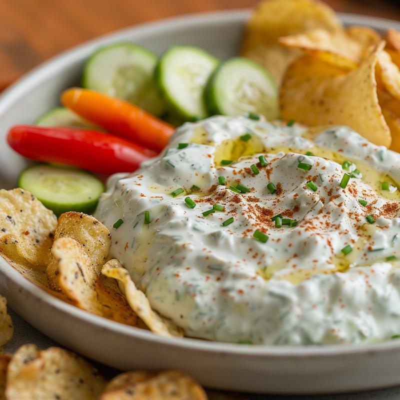 Close-up of chip dip with visible ingredients and assorted chips.
