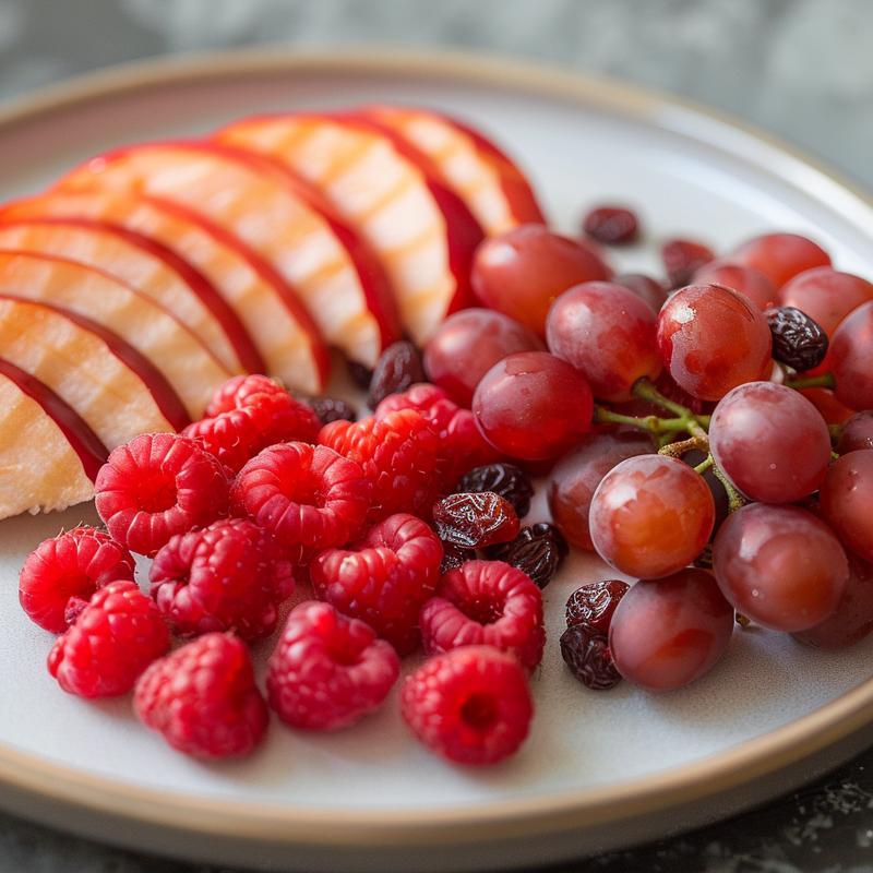 Close-up of a Valentine's Day charcuterie board with red fruits on a gray plate.