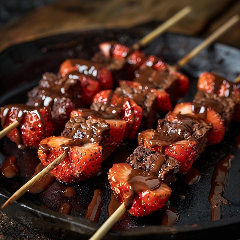 Close-up of strawberry brownie kabobs on skewers, cast iron surface, dramatic lighting.