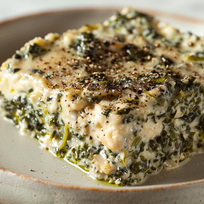 Close-up of creamy spinach dip on a grey plate.