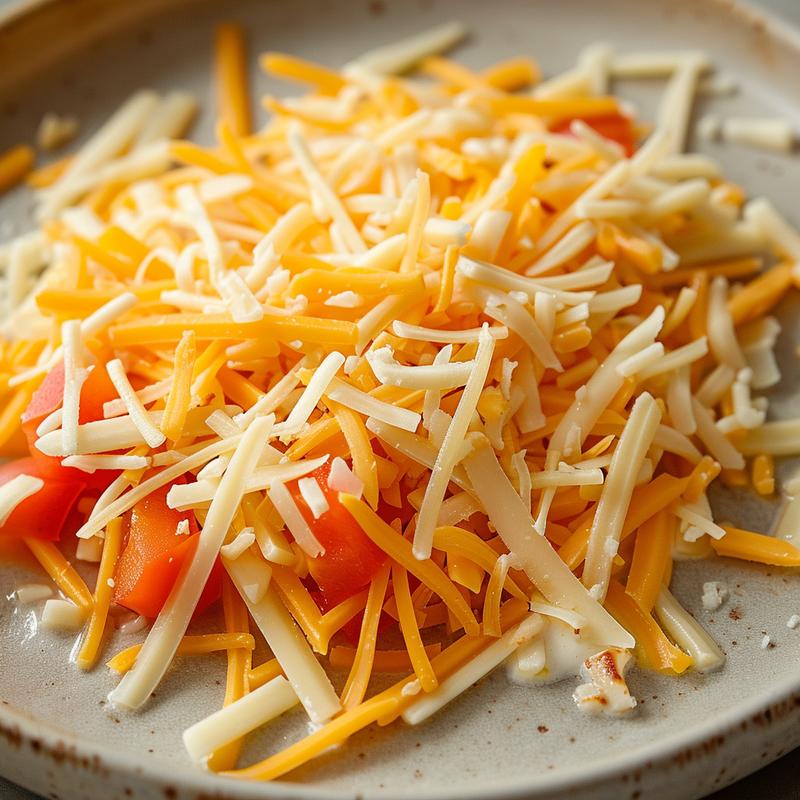 Close-up of cheese dip with visible cheese shreds and diced tomatoes.