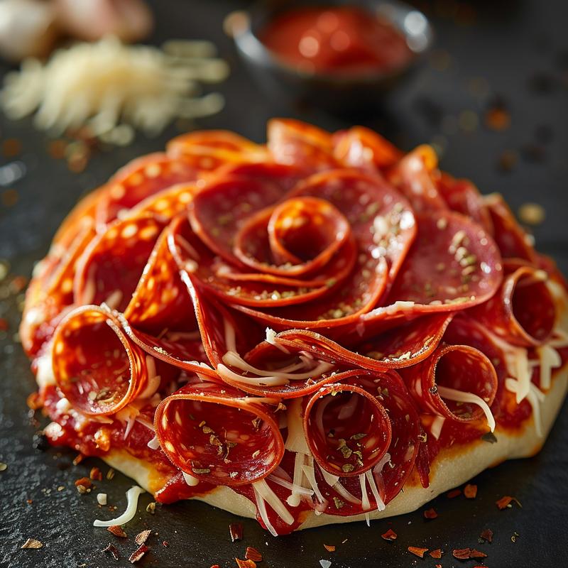 Close-up of pepperoni rose ingredients: pepperoni slices, dough, sauce, cheese on stone.