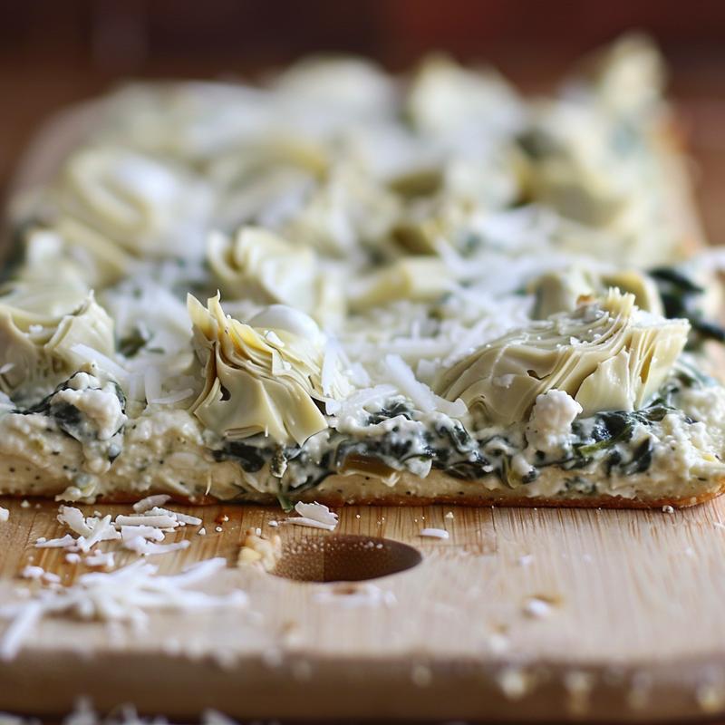 Close-up of creamy spinach artichoke dip on wood.