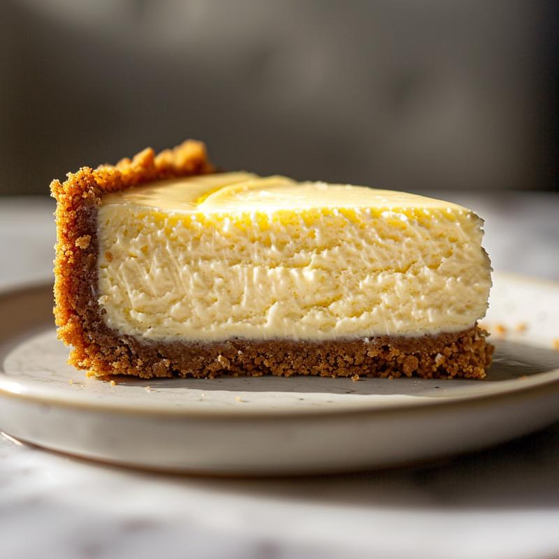 Close-up of a single mini cheesecake slice on a white marble surface.
